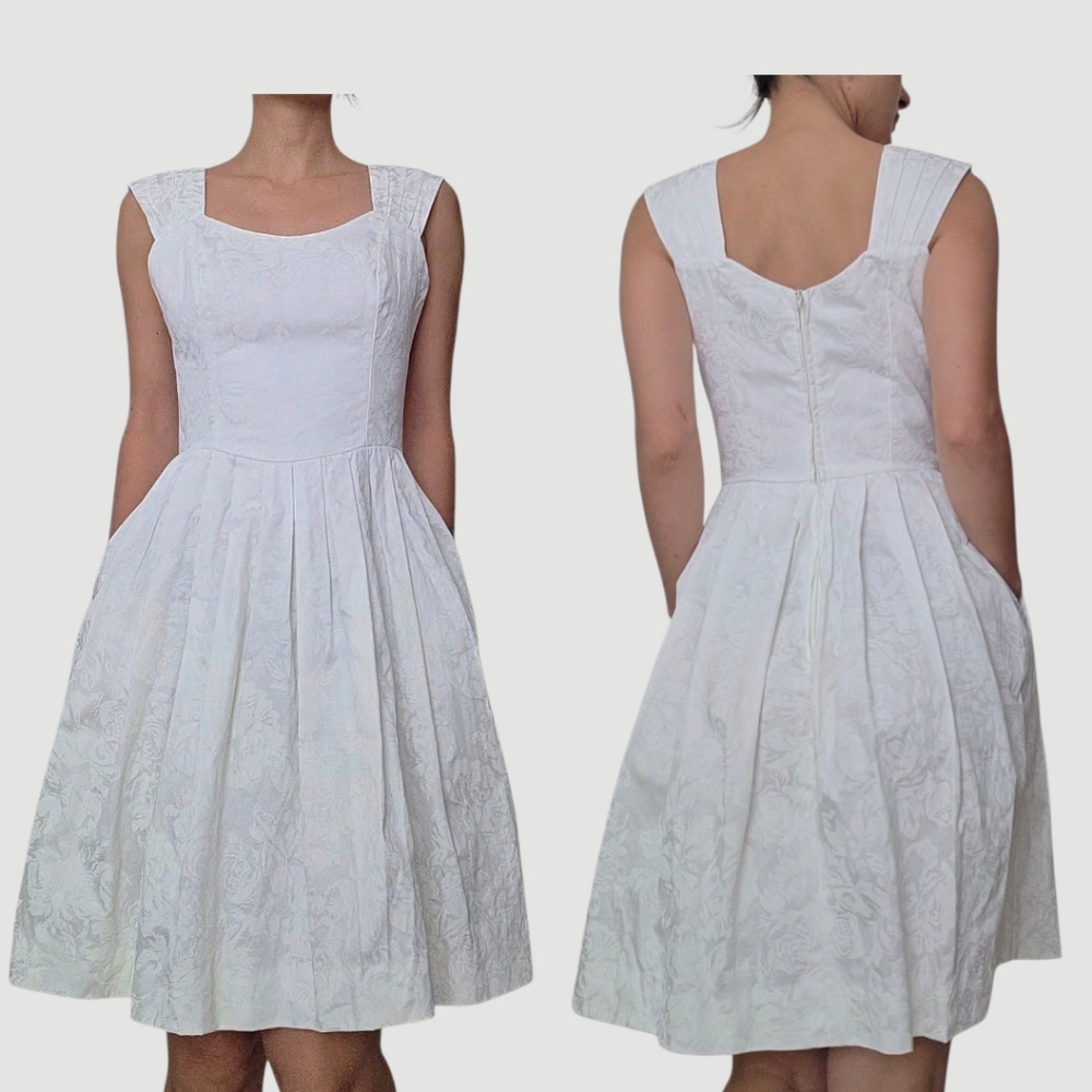 Vintage Laura Ashley White Flower Embossed Structured Bodice Fit&Flare Dress S